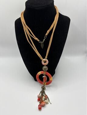 Coldwater Creek Boho Leather Gemstone Brass Painted Ceramic Necklace
